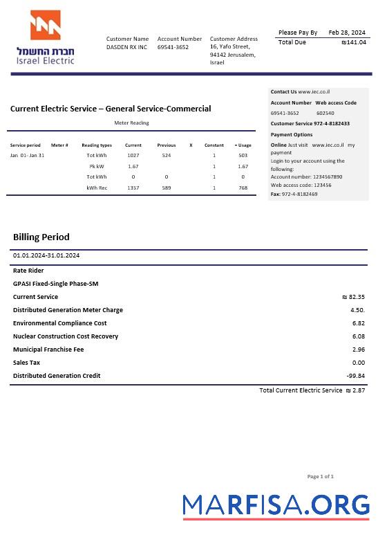 Downloadable Israel Electric Corporation business utility bill template in Word and PDF formats